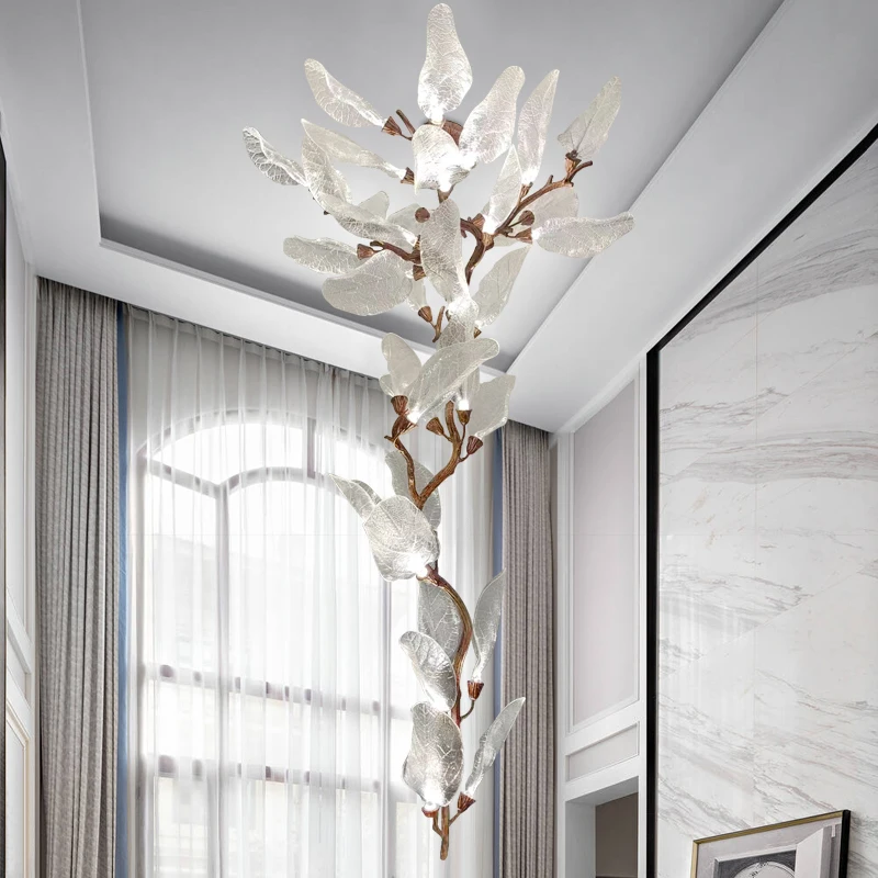 Luxury Resin Leaf Ceiling Chandelier For Staircase Vila Hotel Copper Leaf Pendant Chandelier Living Room Ceiling Lamp Restaurant