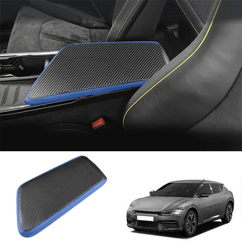 Car Carbon Fiber Center Console Lid Armrest Box Leather Protective Cushion Pad for KIA EV6 2021 2022 LHD -Blue