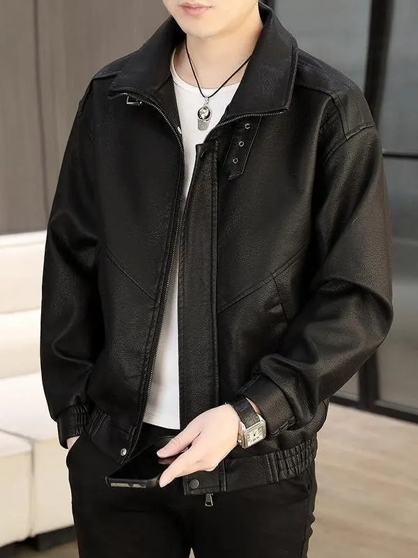 

Мужская кожаная куртка в стиле ретро для байкеров, с коротким воротником, молодежная, весенне-осенняя, приталенная, с длинными рукавами, на молнии, для повседневной носки