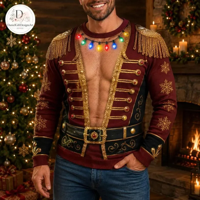 Men Crewneck Sweatshirt Funny Fake Soldier Muscle Body Print hoodie Christmas Colorful Light Snowflake Xmas Pullover sweater Top