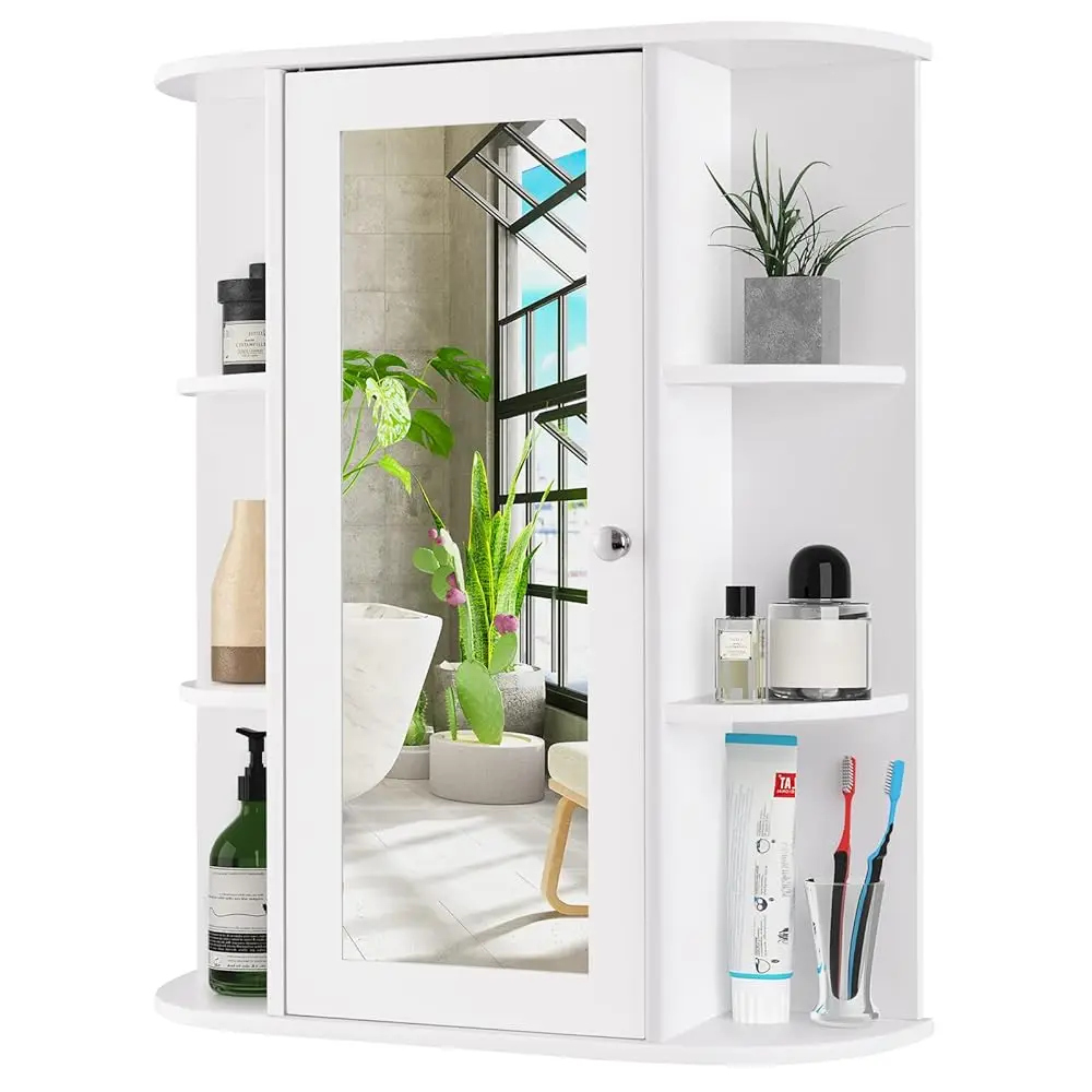 

Wall Mounted Bathroom Cabinet, Storage Organizer With Mirror Door, 3 Adjustable Shelves & 6 Open Racks, Space-Saving Hanging