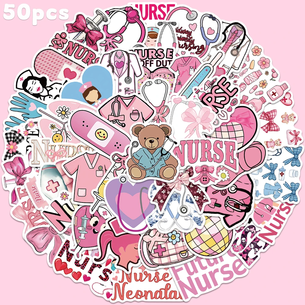 50 Stück rosa Schleife Krankenschwester Aufkleber Cartoon Aufkleber für Handy Gepäck DIY Scrapbook Gitarre Skateboard Laptop Dekoration Aufkleber