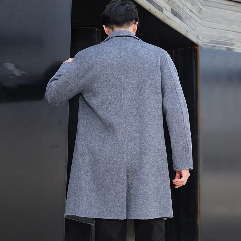 100% Wool Hand-Sewn Men's Coat Long Overcoats Boy Buttons Cardigan Long-style Woolen Coats Overcoat V-neck 2024