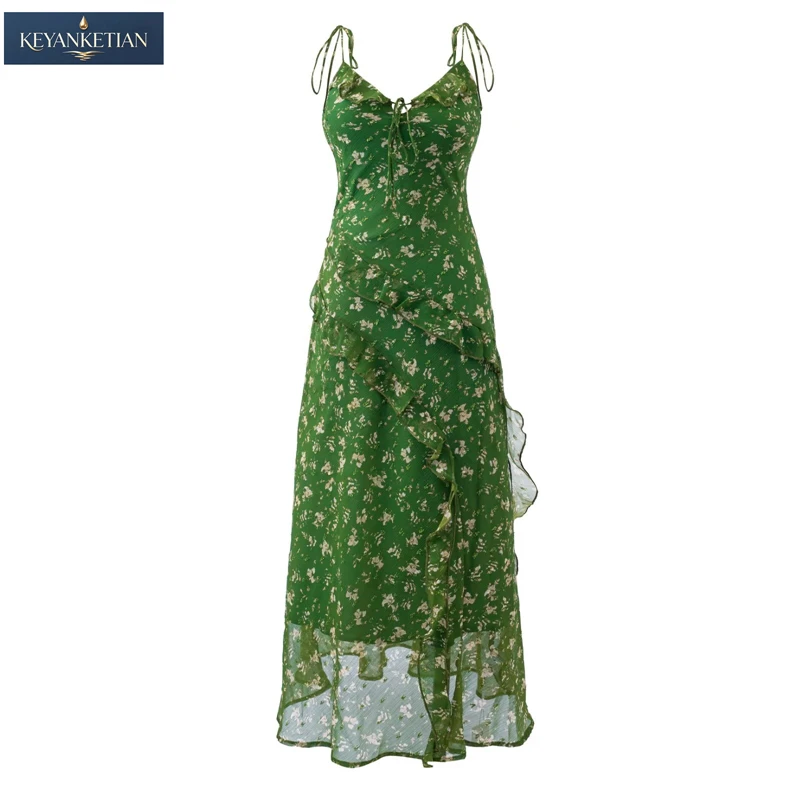 KEYANKETIAN 2026 French Floral Slip Maxi Dress Spaghetti Tie Straps Front Tie V-Neck Asymmetric Ruffle Hem Beach Vacation Dress