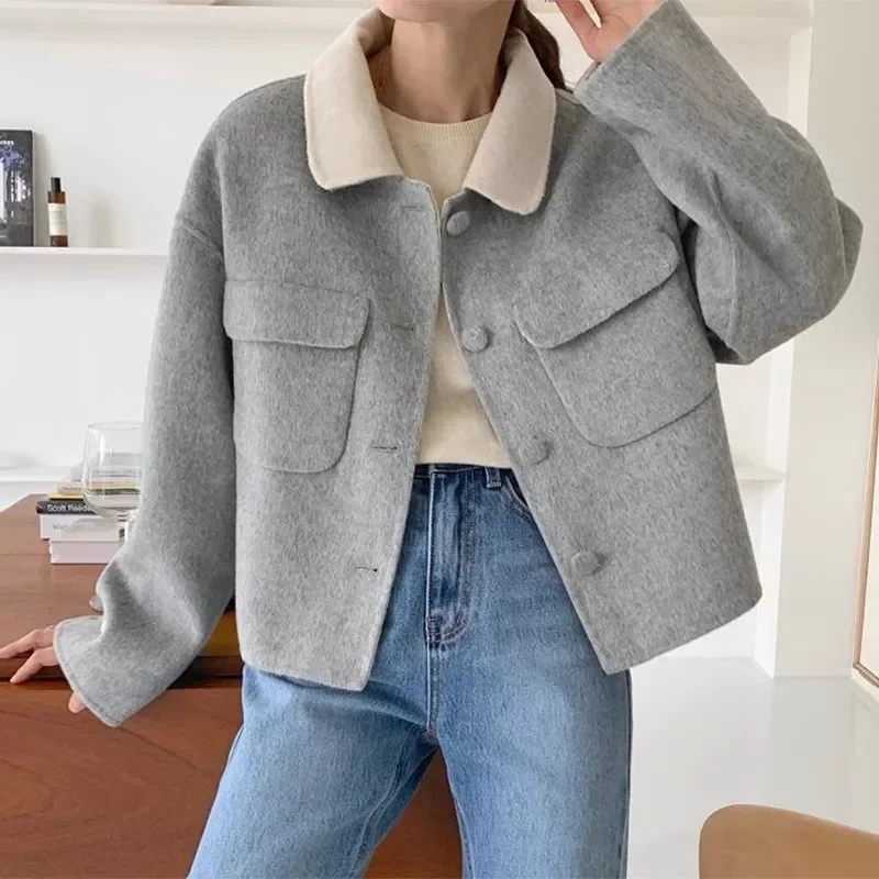 Basic Short Wool Coat Women Sweet Peter Pan Collar Loose Oversize Woolen Jackets Contrast Color Bomber Jacket 2024 Autumn New