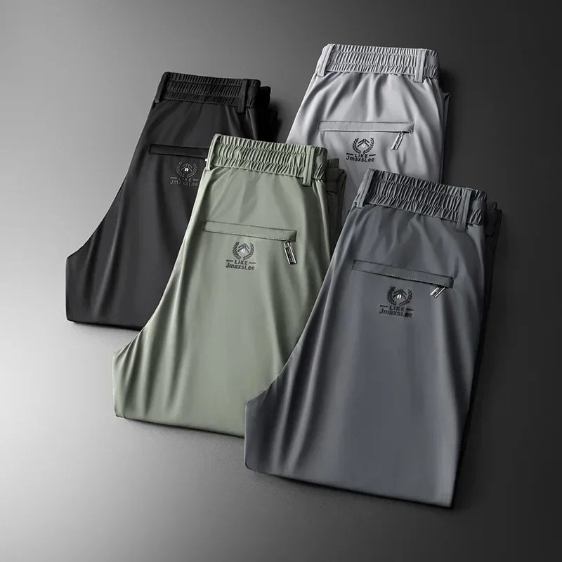 2025 Summer Soft Ice Silk Fabric Men's Thin Casual Pants Korean-style fashion  Straight High Stretch Trousers Male Luxury Brand