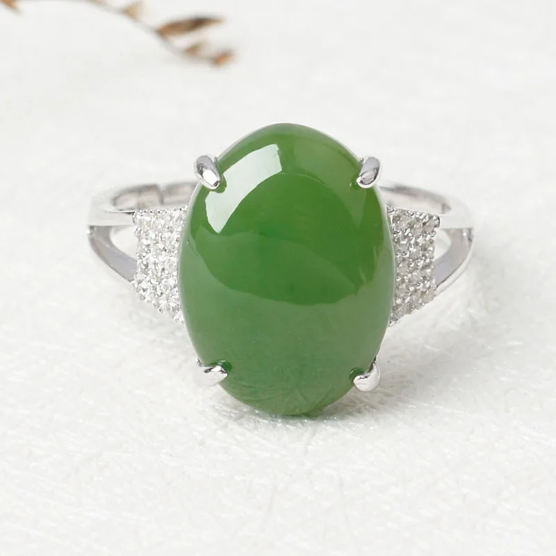 

Кольцо из стерлингового серебра 925 пробы с инкрустацией из нефрита Хэтянь, с сертификатом, простое, элегантное, эффектное украшение для рук, большое овальное женское кольцо с нефритом, открытое