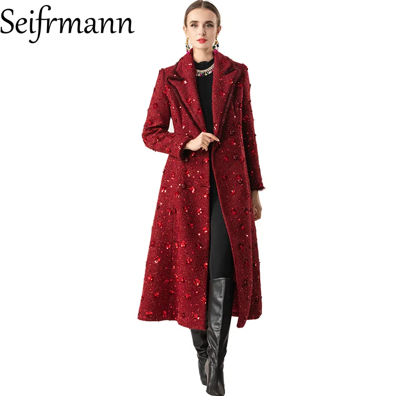 Seifrmann 2026 Spring Women's New Fashionable lapel Long Sleeve Double breasted Glittered Waist cinching Coat