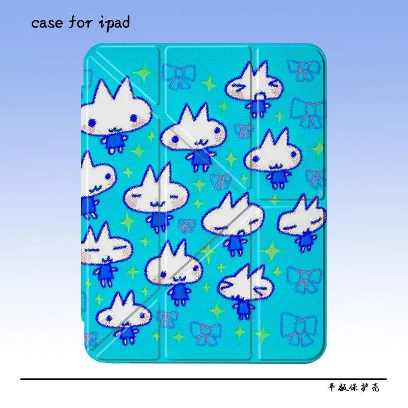 Blue Line Bow Cute Kitten Cartoon For iPad Case iPad 10 9 8 7 2020 Air 5 4 3 2 Pro 11 Mini Creative Kawaii Y-Fold Tri Fold Cover