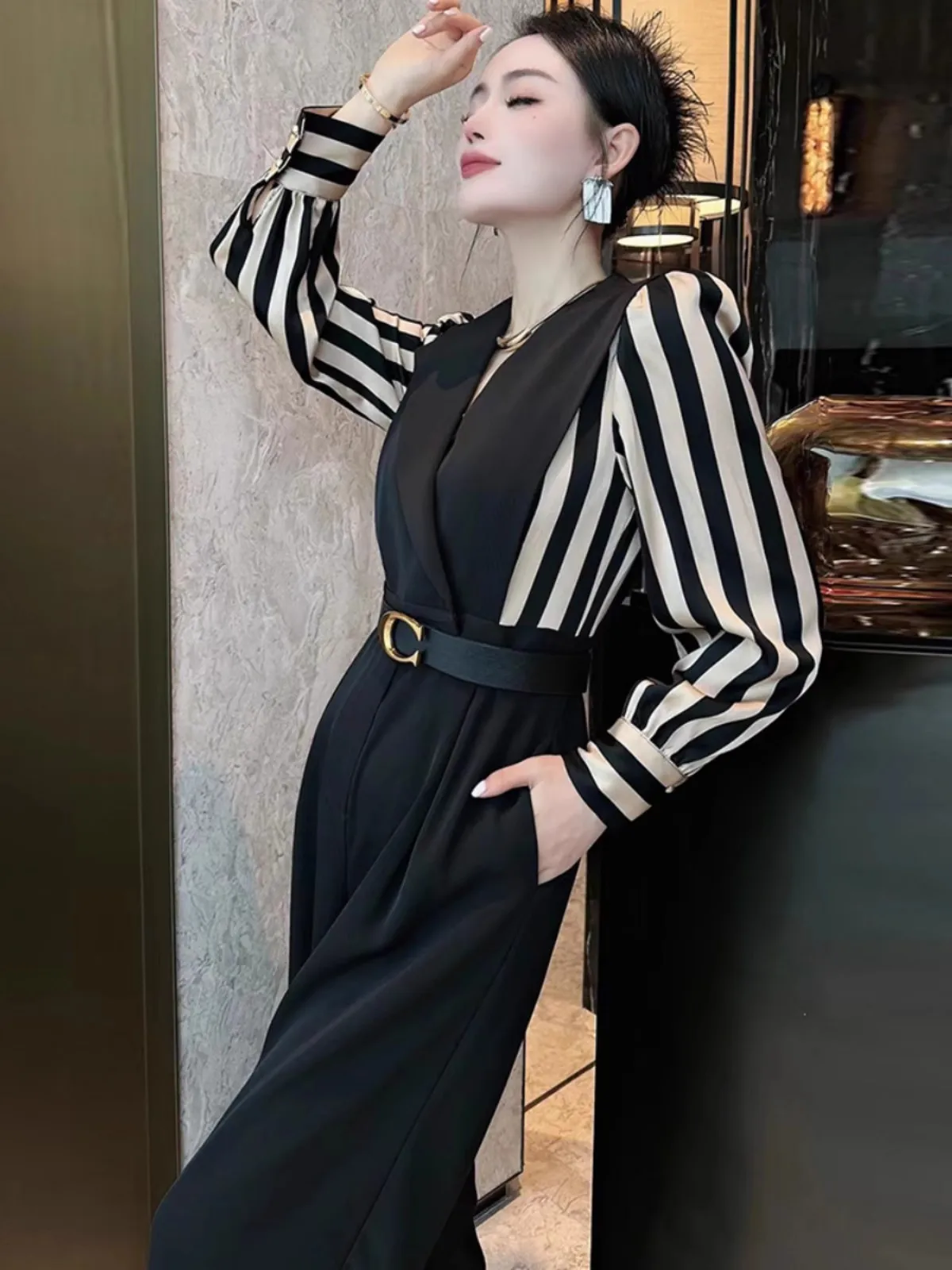 

Spring Autumn 2026 Ladies' Stripe Splicing Pantsuit Slimming Age-Defng One-Piece High Waist Wide Leg Commute Sle Polyeste...
