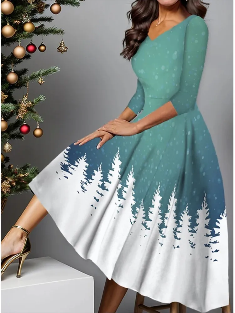 Christmas Pullover Long Skirt Fashion Printed V-neck Long-sleeved Swing Skirt Women's Loose Waist Comfortable Casual Dresses