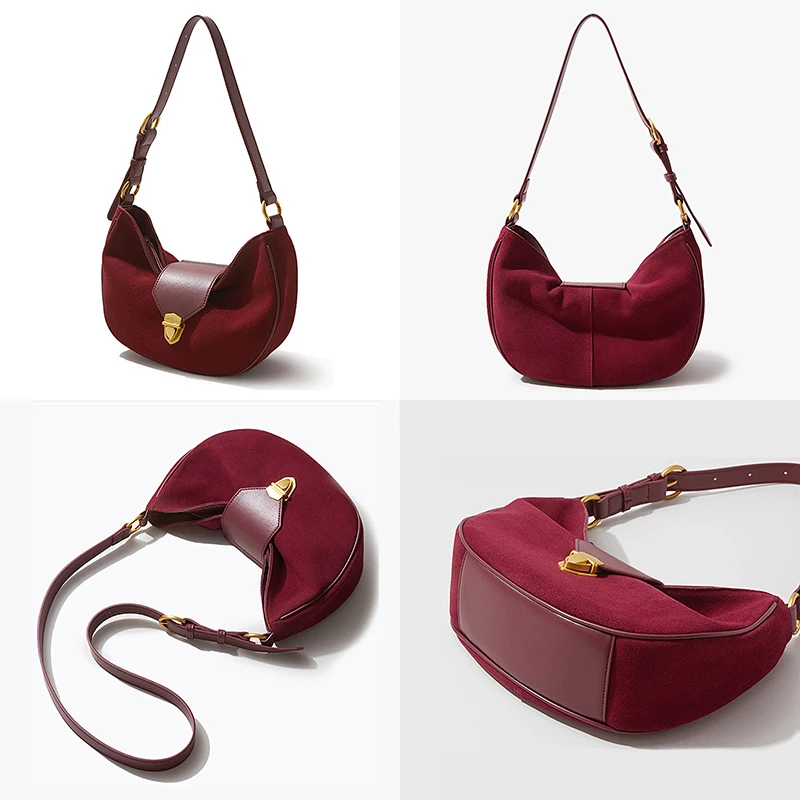 Donna-in Real Suede Hnadbag Genuine Cow Leather Winter Fashion Shoulder Hobos Bag Wine Red Eleghant