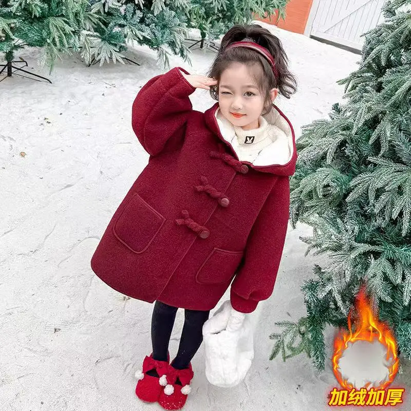 

Girls Long Section Coat Winter Children Disc Buckle Padded Foreign-style Hooded Warm Tweed Coat 100-150cm