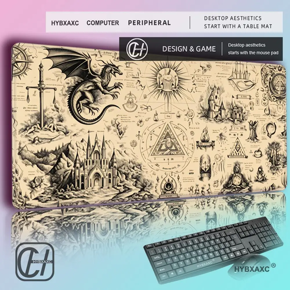 

HYBXAXC Fantasy Dragon Medieval Castle Sword DeskMat, Large NonSlip Gaming MousePad, Lockedge Waterproof Keyboard Pad for Office
