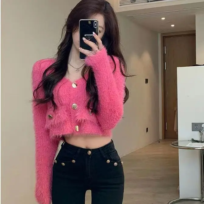 

V-neck Long Sleeve Tunic Pull Femme Fashion Sweet Knitted Sweter Coat Y2k Tops Sueter Mujer Cropped Cardigan Women's Clothing