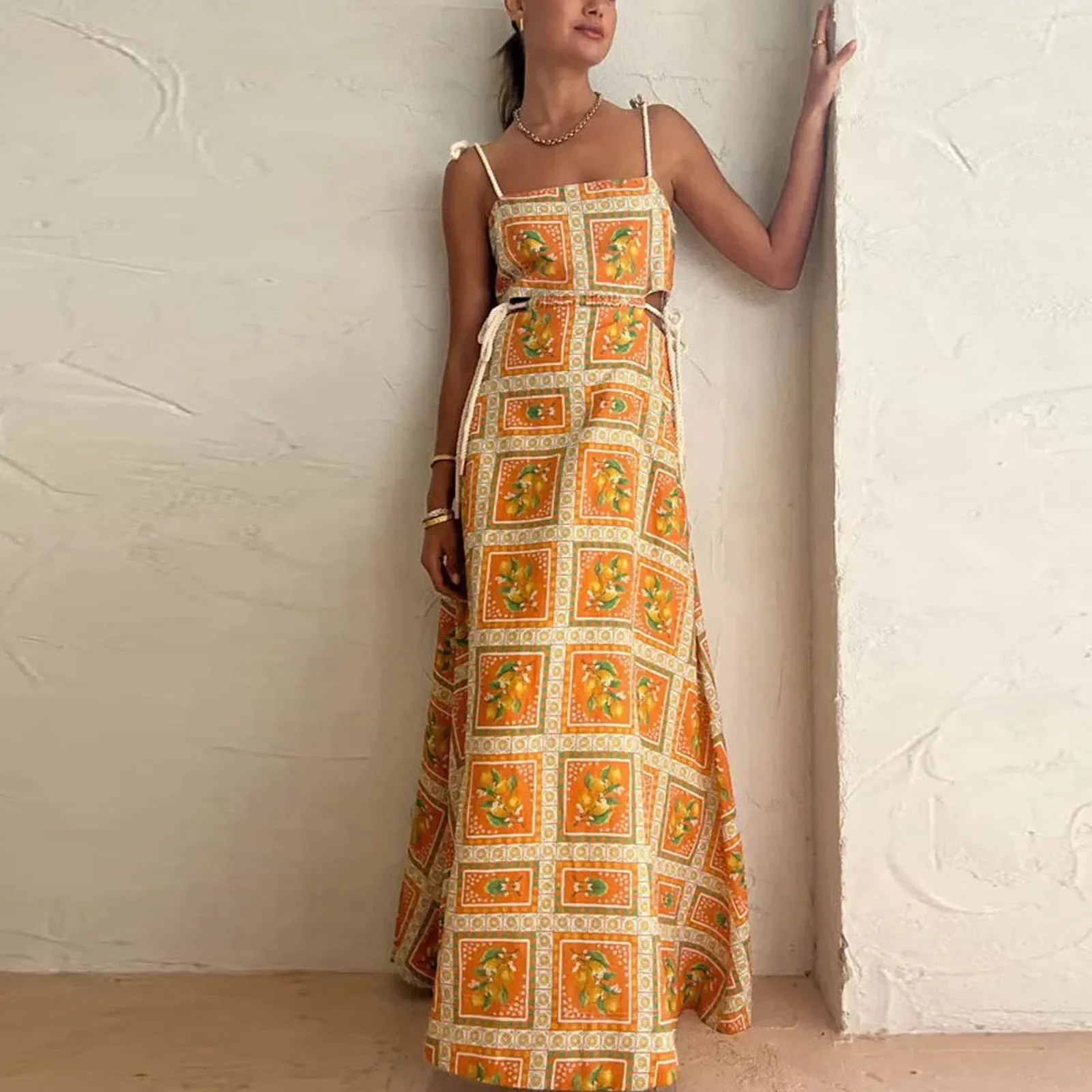 Women Lacing-up Dress Fashion Waist Cut-out Orange Print Square Neck Sleeveless Backless Flowy Cami Long Dresses