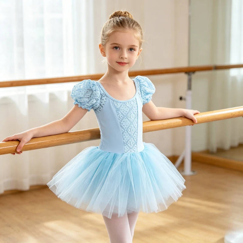 

Ballet Leotard with Tutu Skirt, Light Blue Lace Puff Sleeve Dance Dress Breathable Tulle Costume Ballet Performance Dress