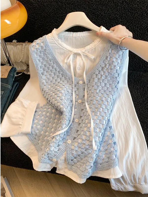 

High-End Hollow out Long Sve Women's irt And Vest Two-Piece Set Spring Season Korean Sle Guangzhou Thirteenth Fac