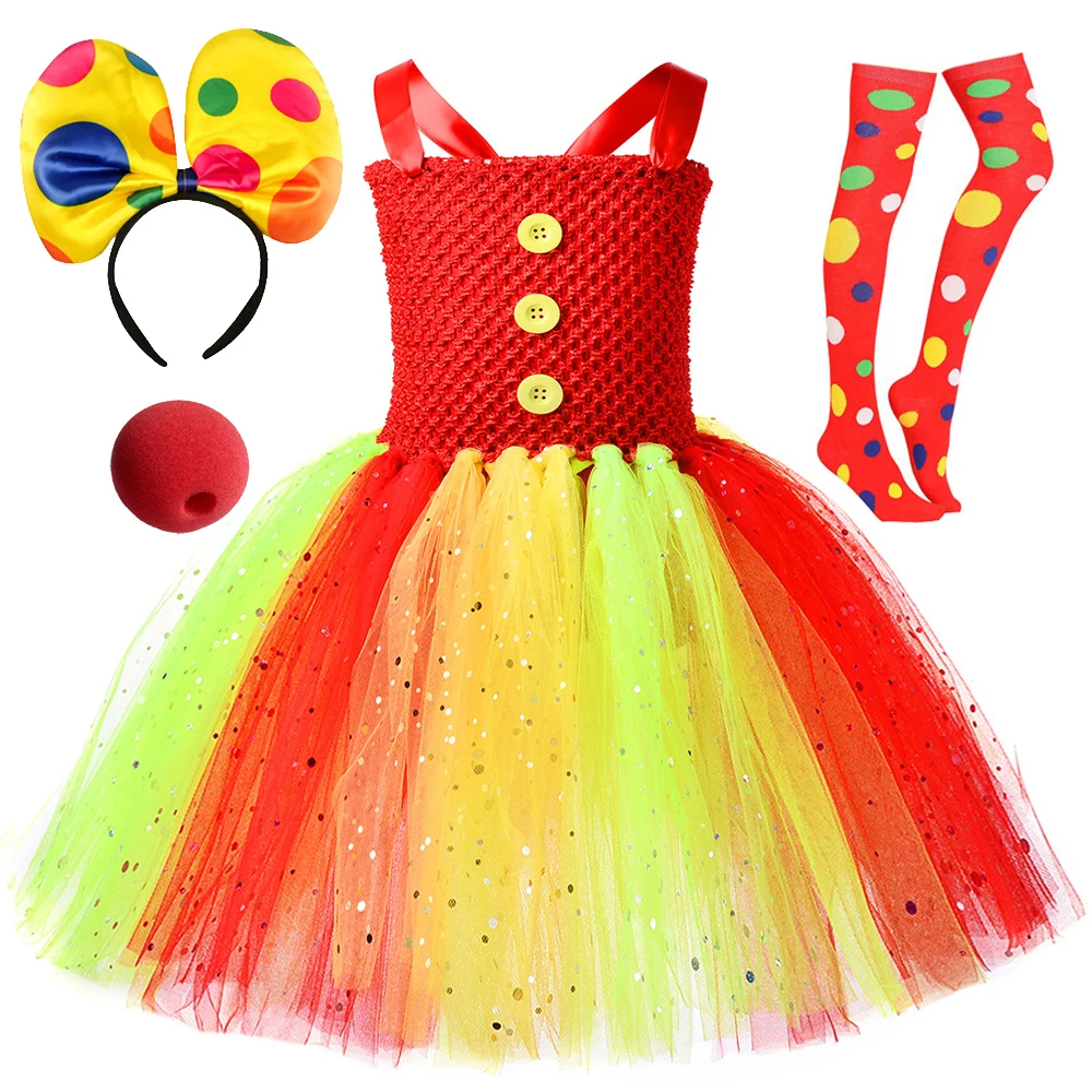 Sparkling Circus Clown Fancy Dress for Girls Carnival Halloween Joker Costumes Kids Twinkle Circus Performance Clothes with Nose