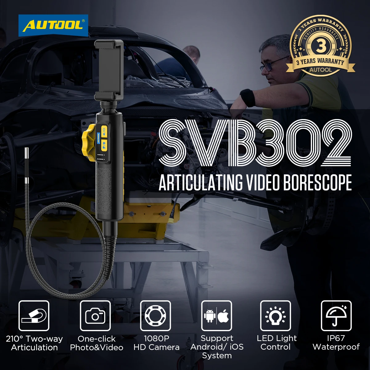 Endoscopio AUTOOL SVB302, Boroscopio Digital Giratorio de 360°, Cámara de Inspección, Boroscopio Articulado Bidireccional