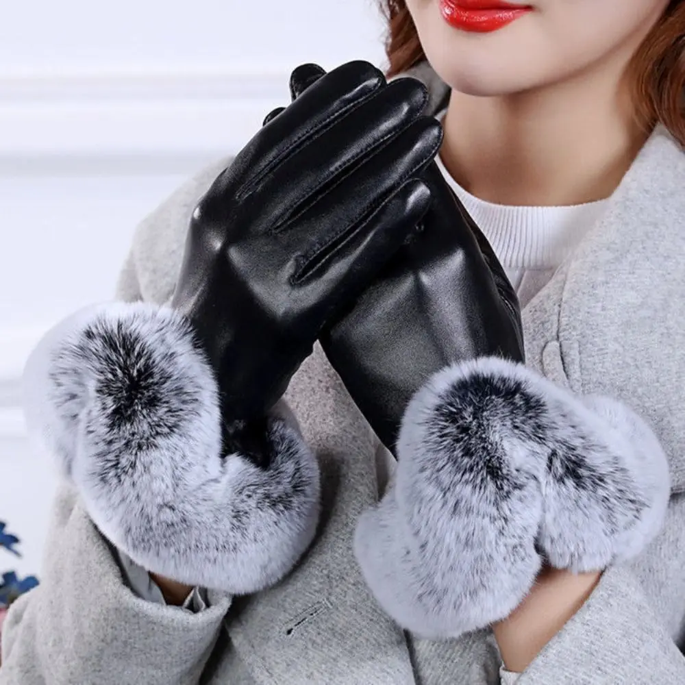 Unisex Thicken Warm Windproof Faux Fur Gloves Touch Screen Mittens Cashmere Gloves PU Leather Outdoor Warm Gloves Accessories