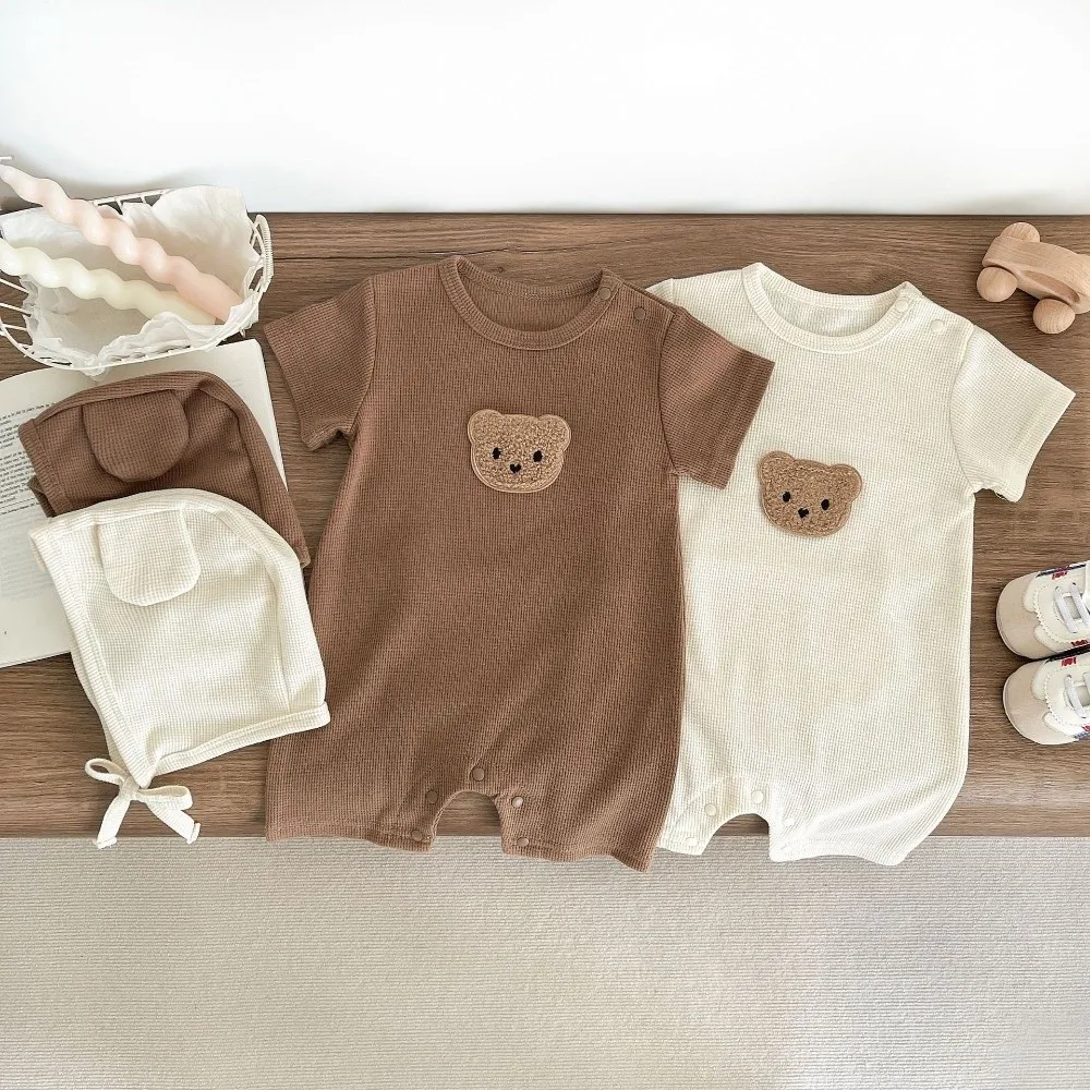 

Short Sleeve Baby Romper Pure Cotton Soft Fabric Cartoon Bear Bodysuit Waffle Texture Cute Bear Design Newborn Onesie