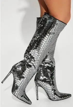 

New Grey Purple Bling Fish Scales Shiny Leather Pointed Toe Thin Heels Knee High Boots Women Tube Slip On Run Way Long Botas