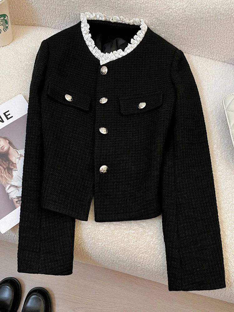 Zoki preto fino elegante tweed jaqueta feminina vintage rendas retalhos manga longa doce casaco outono inverno francês casual retro topos