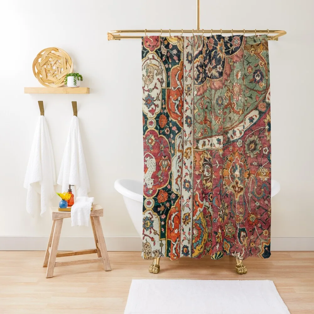 Persian Medallion Rug II // 16th Century Distressed Red Green Blue Flowery Colorful Ornate Pattern Shower Curtain