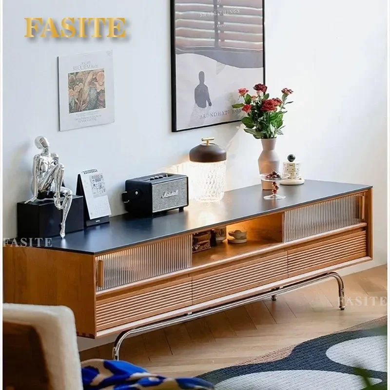 For Nordic Solid Wood TV Cabinet Wall Mounted Cherry Wood Color Japanese Style Coffee Table Combo Living Room Furniture Small