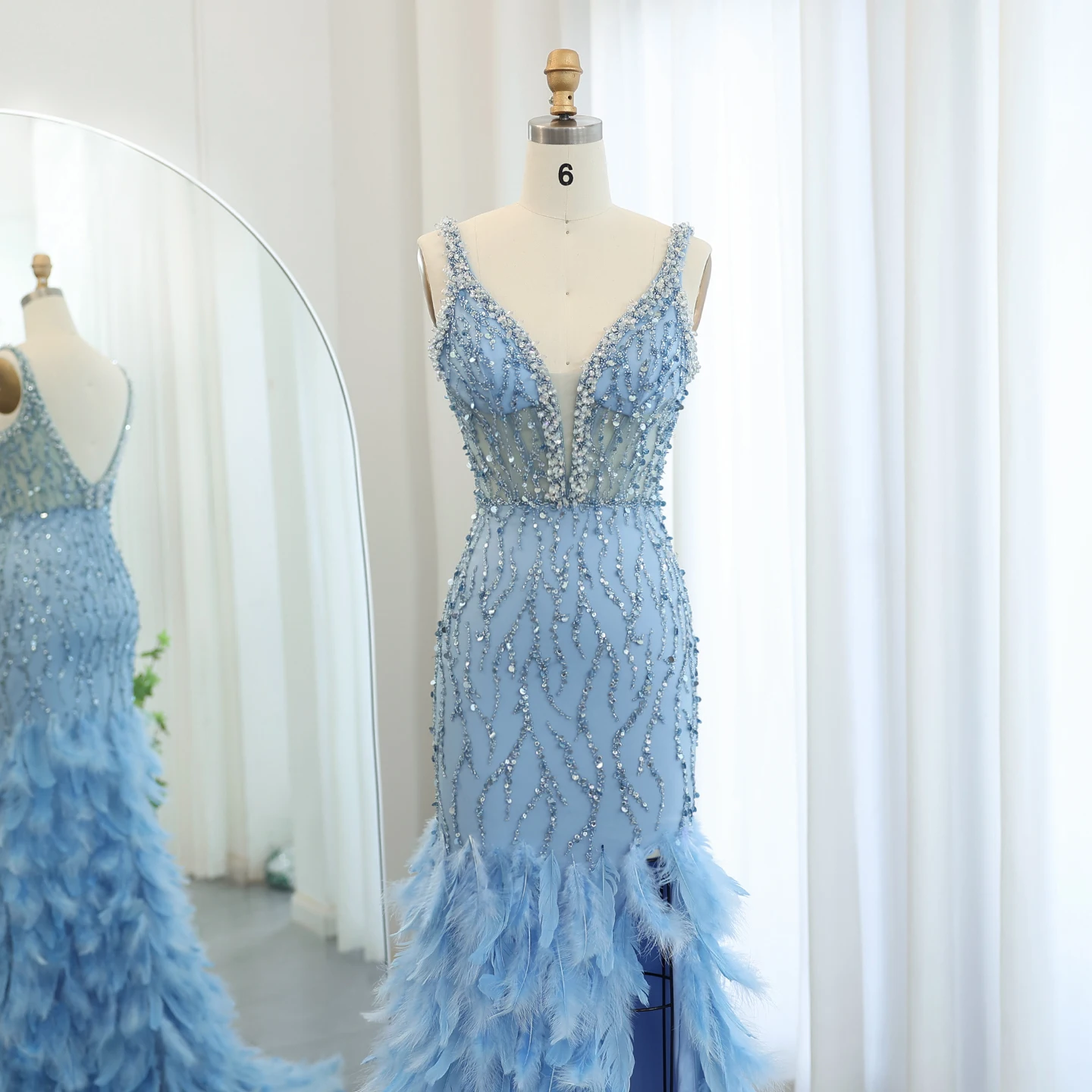 شارون سعيد فاخر ريشة الوردي حورية البحر فستان سهرة المرأة الزفاف الخامس الرقبة الأزرق الجانب الشق طويل حفلة موسيقية فستان SS184 مخصص