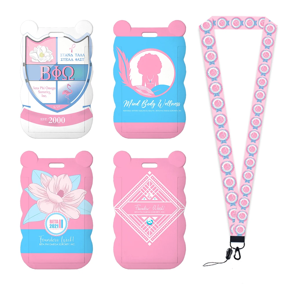 Cordones con diseños de la hermandad Beta Phi, soportes para tarjetas de identificación, correas para tarjetas de trabajo, tarjetas de acceso al autobús, llaveros y accesorios