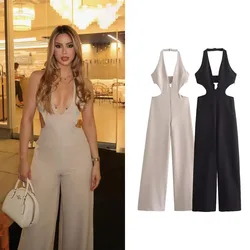 Elegant Women Style Solid Jumpsuits Summer 2024 Vintage Sexy Backless Lady Slim Sleeveless Ladies Clothes Fashion Trend Jumpsuit