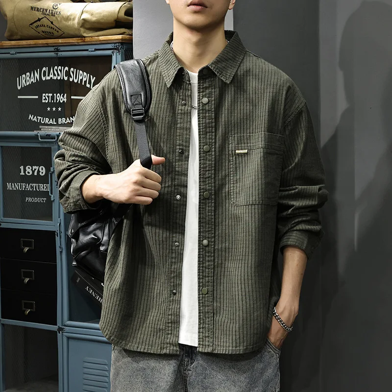Japanese Style Vintage 2026 New Fashion Men Green Khaki Waffle Simple Daily Casual Turn-down Collar Long Sleeve Shirt Cardigans