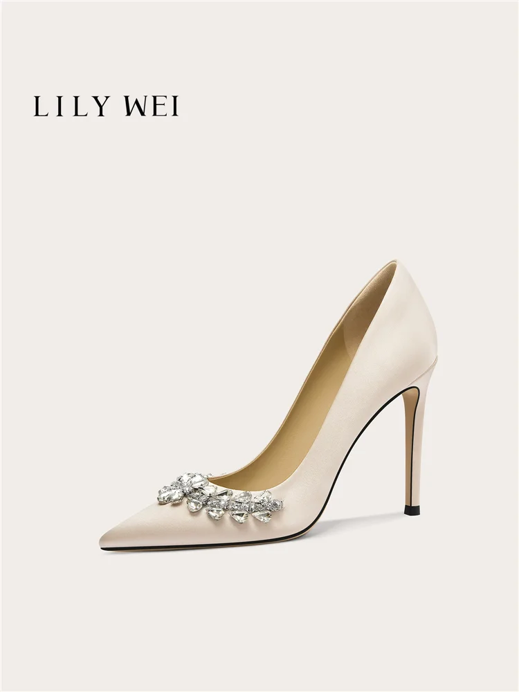 Spring new pointed crystal sequined silk small size single shoe banquet large size widened version slim high-heeled women's shoe