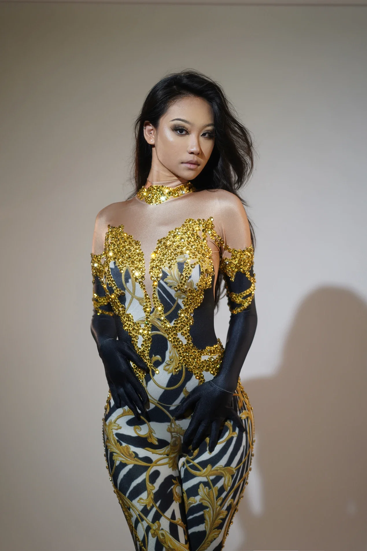 Gold Rhinestone Sexy Jumpsuit with Gloves Attending Party Dance Sparkling Costumes Game Wear Stage Dance Floor Sexy Hot Dance