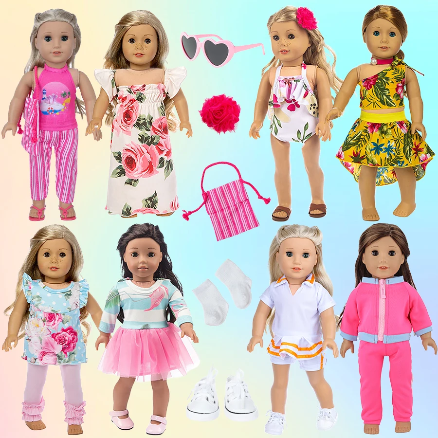 Doll Clothes Dress Set for 18Inch Girl American Reborn Doll T-shirt+Bow Skirt Sunglasses Sports Clothes Shoes Girl's Toys Gift