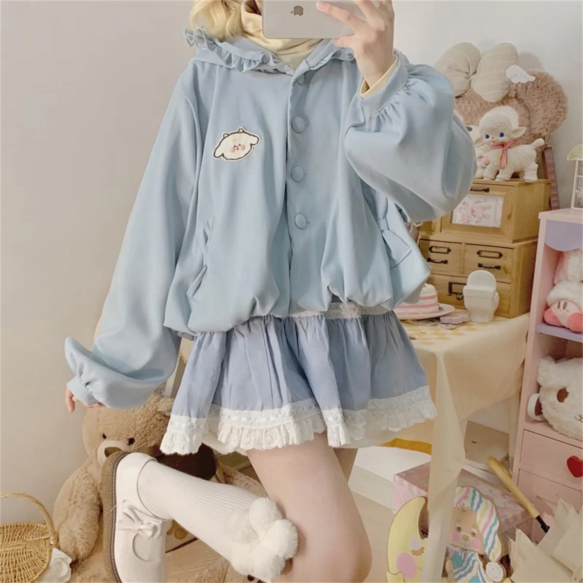 Japanese Kawaii Lolita Coat Cosplay Sweet Girls Lantern Sleeve Button Embroidery Dog Solid Color Sports Leisure Ruffle Hoodie