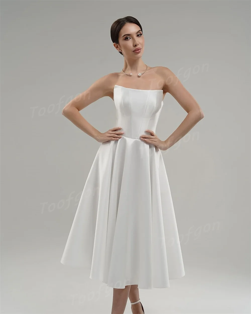 Toofgon Tea-length Long Puff Sleeve Prom Dresses Women Sequin Satin Customized Formal Party Gowns Draped A Line Evening Dress