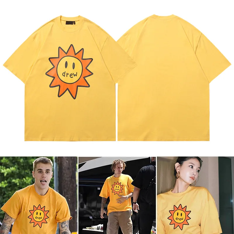 

Drew House Premium Smiley Sun Short-Sleeve T-Shirt High-Street Oversized Couple's Cotton Top for Men