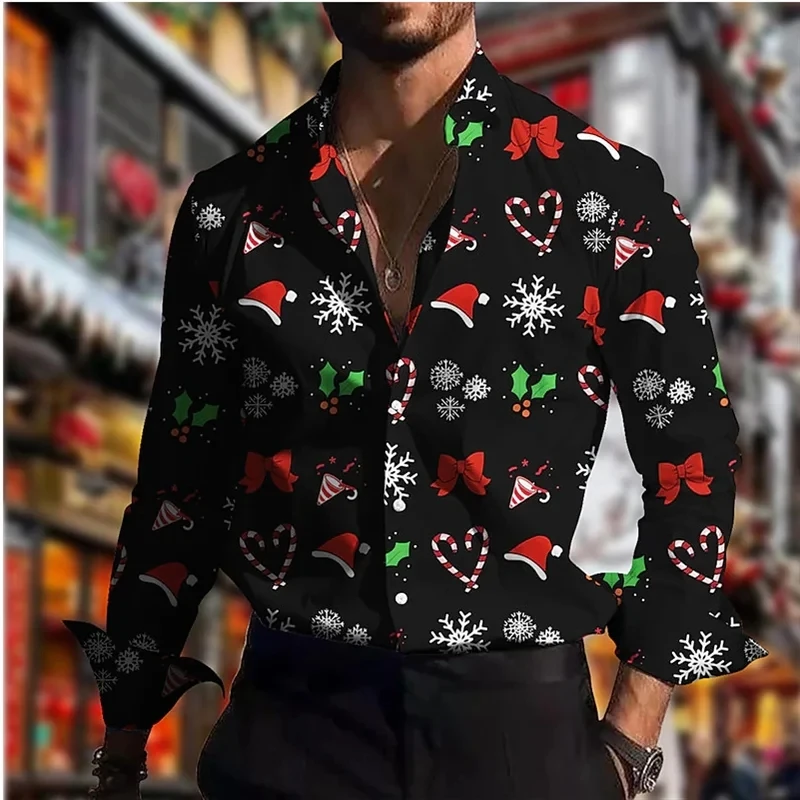 Christmas shirt snowman HD pattern high-quality fashion men\'s long sleeved shirt button designer design shirt men\'s lapel plus s