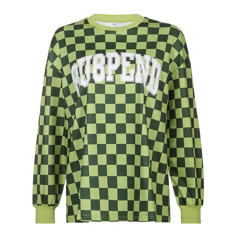 Sweatshirt High Quality Checkerboard Letter Print Hip Hop Women'S Loose Slimming Versatile Bottoming Top For Spring And Autumn