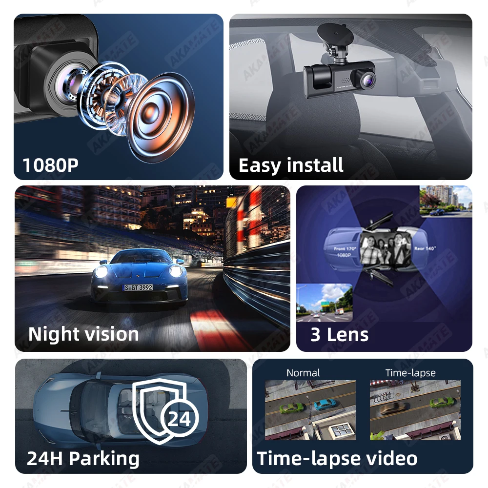 Car DVR 3 Cameras Recorder Rear Inside Vehicle 3-Lens Dash Cam Three Way Camera DVRs Dashcam 3 Channel Video Camcorde 1080P HD image 5
