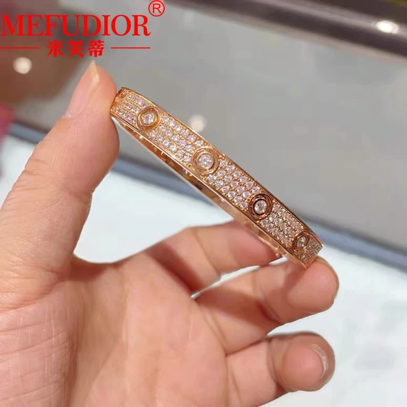 18K Real Rose/White/Yellow Gold 6mm Width Women's Bracelet Starry Sky Three Rows D VVS Moissanite Diamonds Bangle Luxury Jewelry