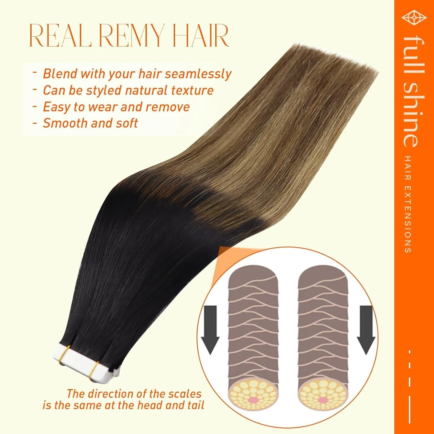 Full Shine Tape on Hair Extensions 20Pcs Balayage color Remy Straight Hair Glue in Brazilian Hair for Women