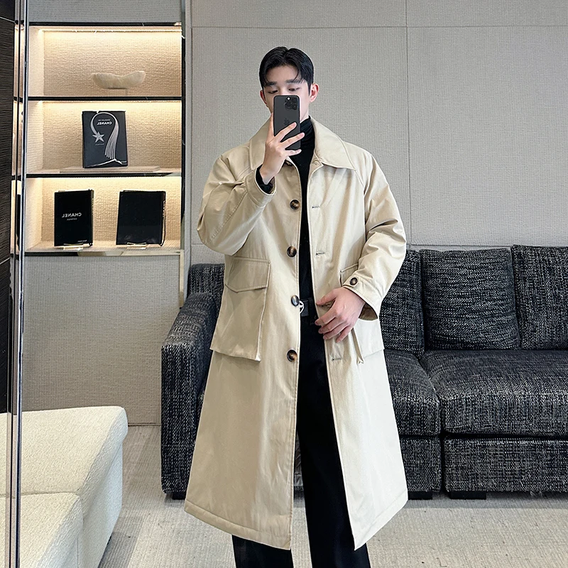 

Korean Aesthetic Long Over-Knee oulder Pad Men's Coat Khaki Workwear Sle Cotton Jaet Faion Urban Sle Four Seasons