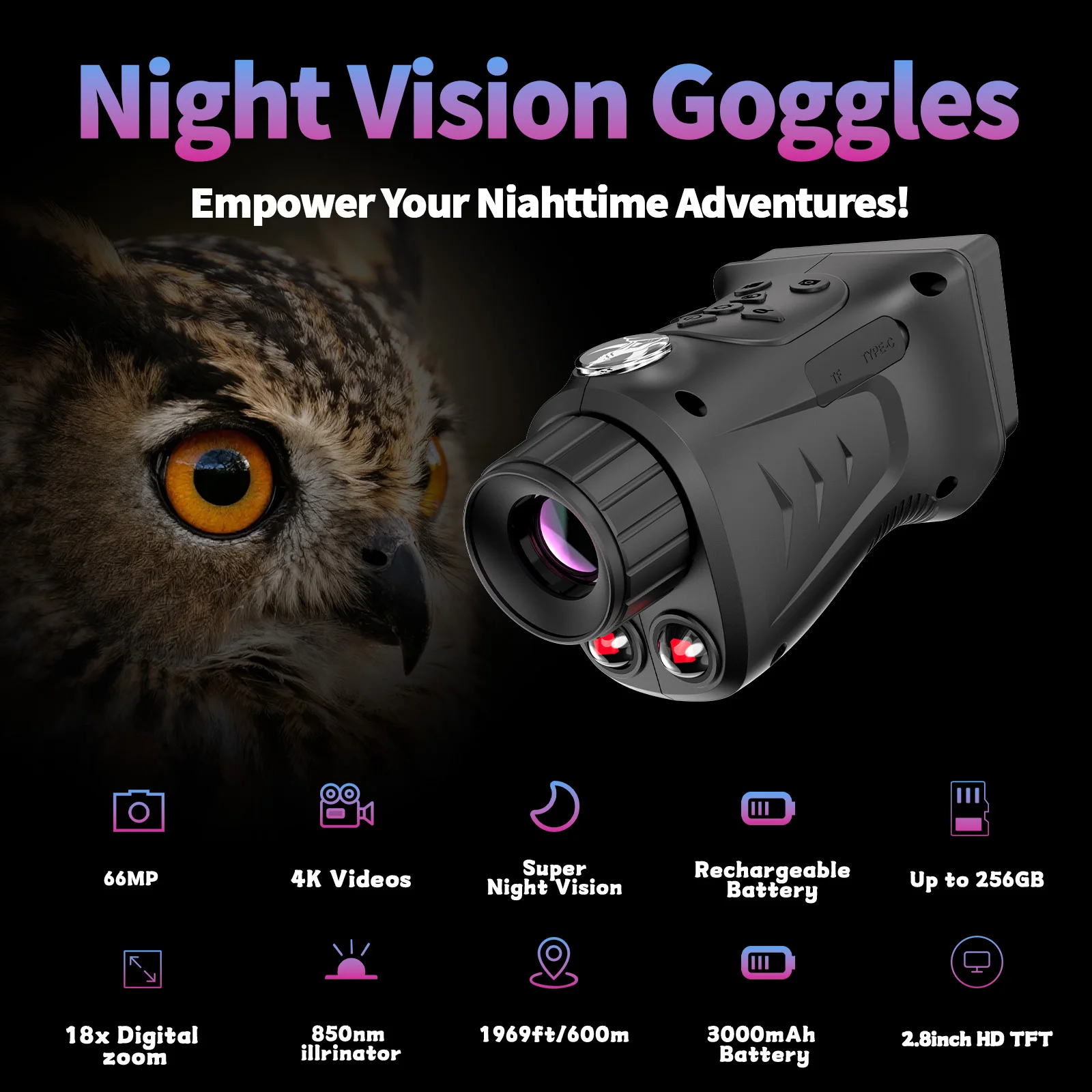 

Night vision handheld monocular telescope, equipped with a 2.8-inch high-definition screen, 18X zoom, ultra high definition 66 m