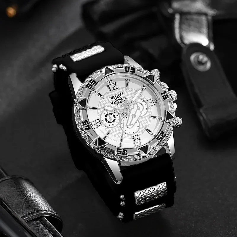 Três Eye Mixed Bar Scale Dial, Refinado Silicone Quartz Watch, Negócio Elegante