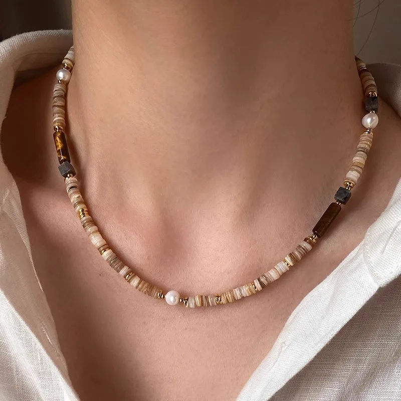 

Minar Handmade Mix Color Natural Stone Tigereye Shell Red Agate Freshwater Pearl Beads Beaded Necklace for Women Strand Choker