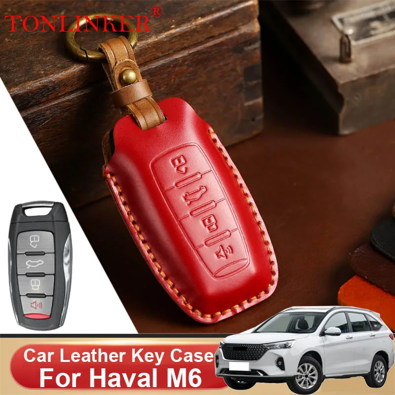 TONLINKER Car Dedicated Leather Key Case For GWM Haval M6 Suv 2022 2023-Present Holder Shell Remote Keychain Accessories